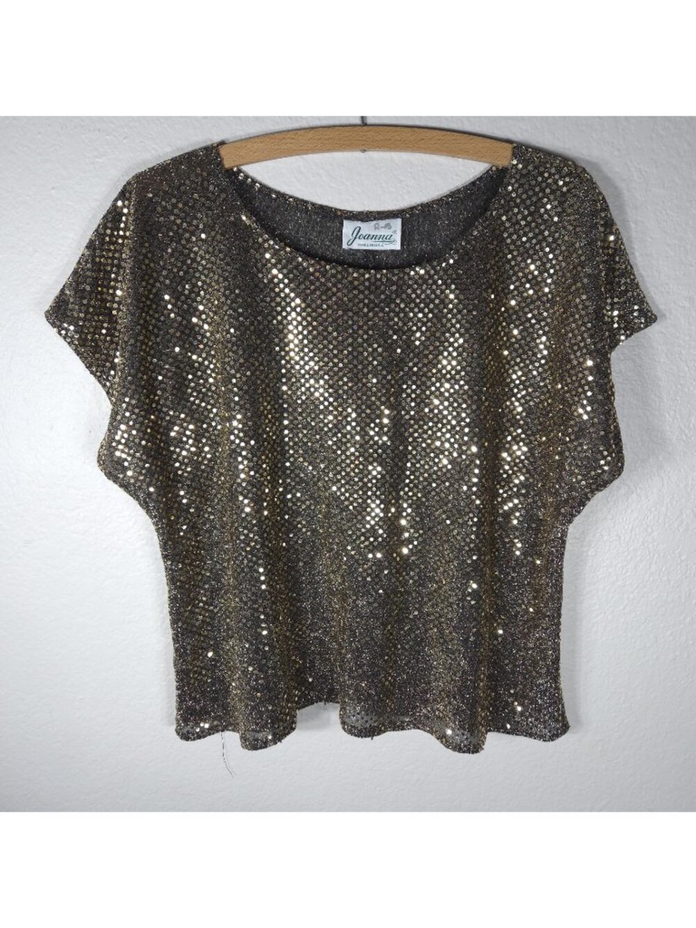 Vintage Joanna Sequin Sparkle Golden Top USA Size L Dolman Sleeves